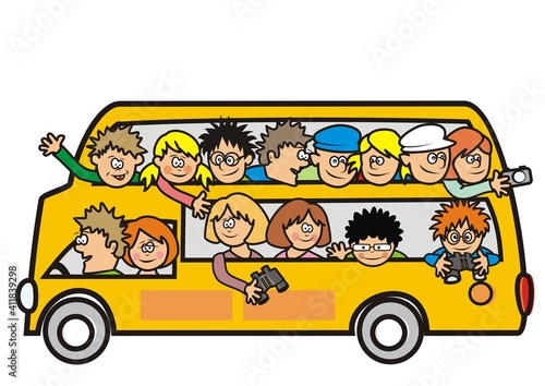 yellow sightseeing bus,people at double decker, vector illustration