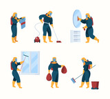 Sanitizing service. Safety cleaning workers in professional uniform respirator and gloves controlling and sanitazing destroy insects and viruses vector character. Illustration safety disinfection