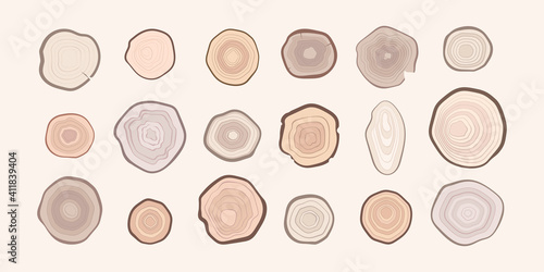 Wooden rings collection. Tree stylized rings natural textural surfaces on round lumbers garish vector abstract flat illustrations. Wooden trunk tree, texture stump log concentric