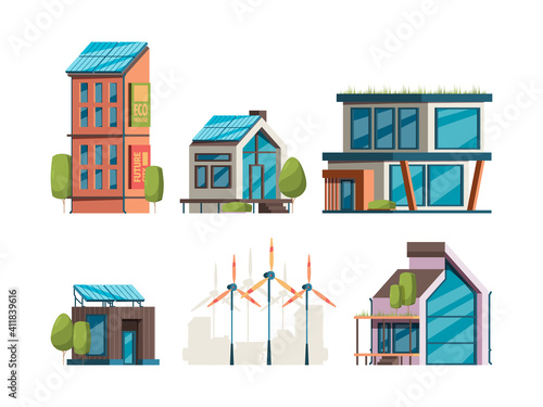 Eco buildings. Energy smart solar panels on houses modern buildings and windmills garish vector flat illustrations orthogonal views. Illustration solar energy, power smart houses