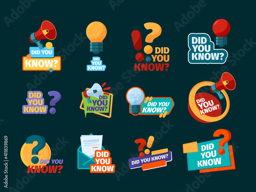 Do you know. Typography design with promotional advertising phrase speech bubbles with megaphone symbols garish vector illustrations flat templates. Letter typography, did know poster