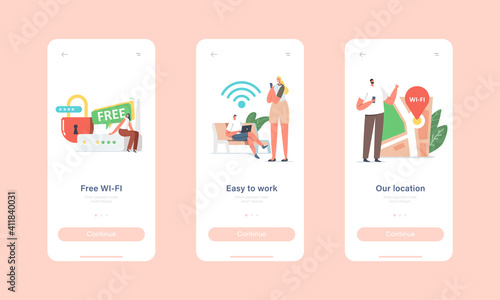 Free Wi-fi Hotspot Service Mobile App Page Onboard Screen Template. Characters at Huge Router use Internet Connection