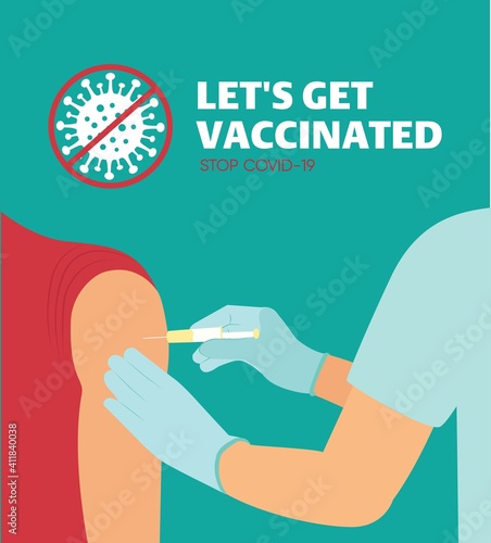 Covid-19 Vacctination Banner. Hand of medical staff injecting Covid-19 vaccine in syringe to arm muscle. Let's get vaccinated. Let's Stop Covid-19. Promotion. Encouragement. Vector Illustration