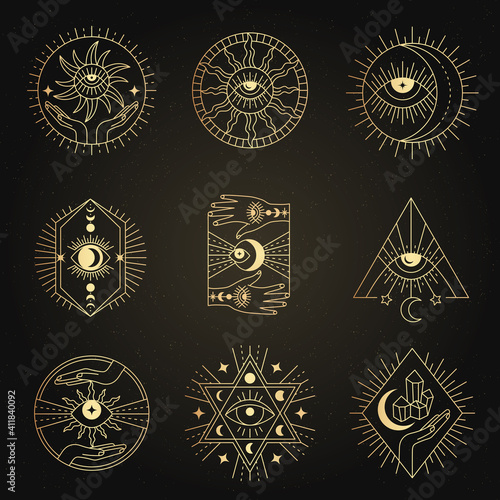 Occult emblems. Meditation alchemy mystical esoterism magic symbols recent vector geometrical line forms for business logotypes collections. Illustration occult sign, geometric religion symbol