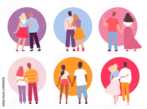 Back couples. Adult people walking family hugging and running together nowaday vector cartoon persons in flat style isolated. Illustration embrace people couple, family man woman love
