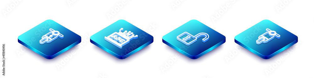 Set Isometric line Electric scooter, Computer api interface, Open padlock and Scooter icon. Vector. Set Isometric line Electric scooter, Computer api interface, Open padlock and Scooter icon. Vector.