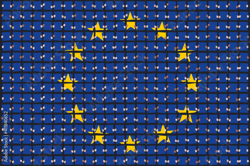 Message géant dans les gradins d’une assemblée avec des personnes qui brandissent des centaines de pancartes, représentant le drapeau de l’union européenne. 