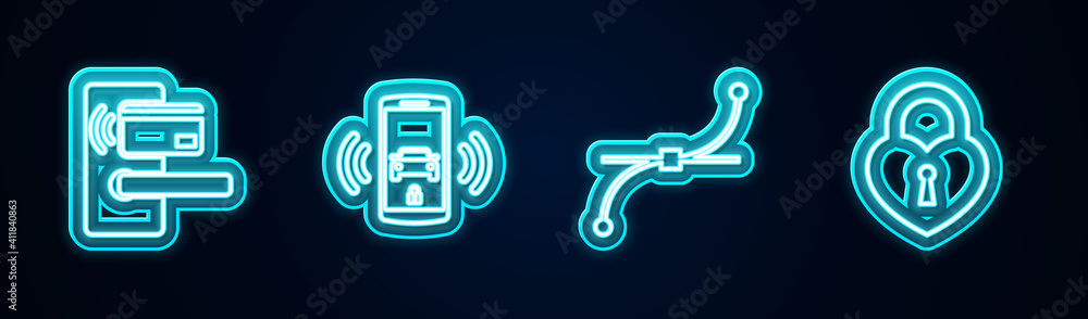 Set line Digital door lock with wireless, Smart car alarm system, Bezier curve and Castle in the shape of heart. Glowing neon icon. Vector. Set line Digital door lock with wireless, Smart car alarm system, Bezier curve and Castle in the shape of heart. Glowing neon icon. Vector.