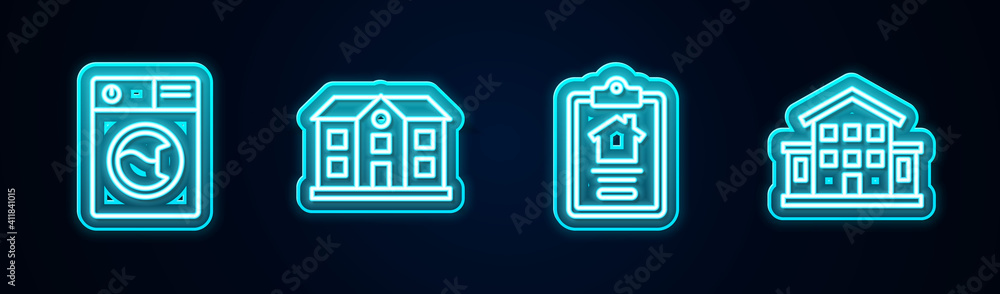 Set line Washer, House, contract and . Glowing neon icon. Vector. Set line Washer, House, contract and . Glowing neon icon. Vector.