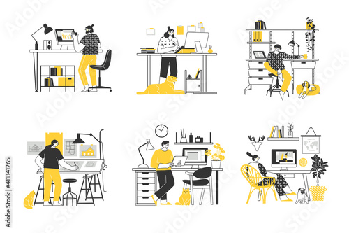 Set Remote work or distance learning. Work at home. Freelancer character working from home, convenient workplace. Man and woman self employed concept