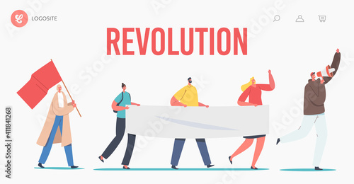 Protesting People with Placards and Signboard on Revolution Strike or Demonstration Landing Page Template. Protest, Riot