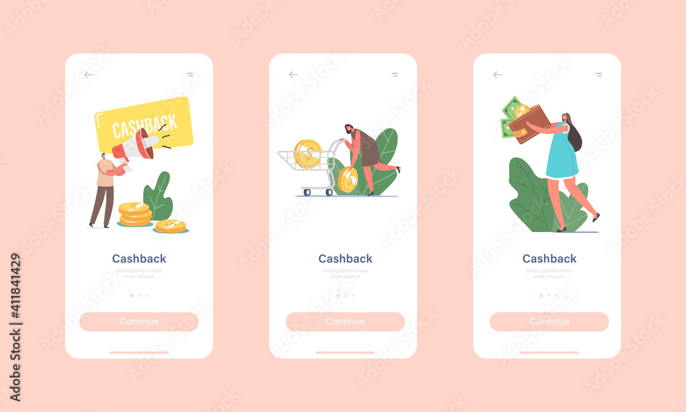 Cash Back Mobile App Page Onboard Screen Template. Cashback Service, Happy Characters Get Money Refund for Shopping Cash Back Mobile App Page Onboard Screen Template. Cashback Service, Happy Characters Get Money Refund for Shopping