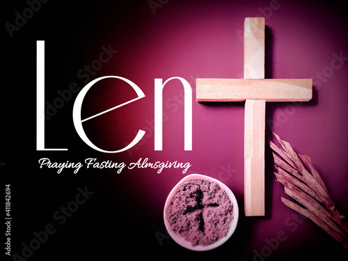 Lent Season,Holy Week and Good Friday Concepts - 'Lent Praying Fasting Almsgiving' text with vintage background. Stock photo.