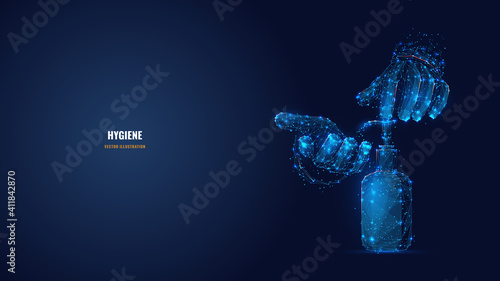 Digital 3d hands using liquid soap or sanitizer pump dispenser. Abstract vector wireframe in dark blue. Hygiene, disinfection, prevention concept. Low poly mesh with dots, lines, stars and shape 
