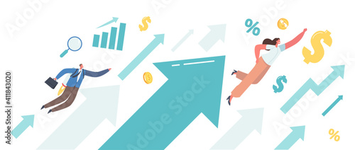 Business Growth, Financial Competition Concept. Business People Characters Flying to Financial Success with Rising Arrow