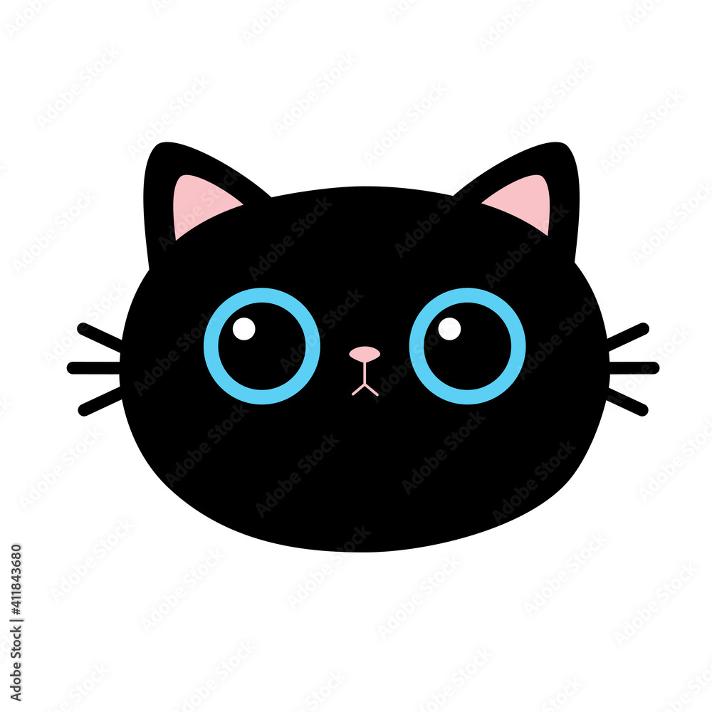 Black cat head face round icon. Cute cartoon funny character. Blue eyes. Pink ears. Funny Kawaii animal. Baby card. Pet collection. Flat design. White background. Isolated.