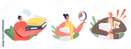 Set of Icons Business Characters Stressed with Urgent Work. Businesswoman with Folder Pointing on Clock, Deadline