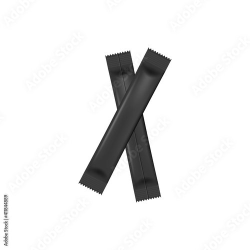 Black food stick packs lying criss-cross realistic vector illustration isolated.