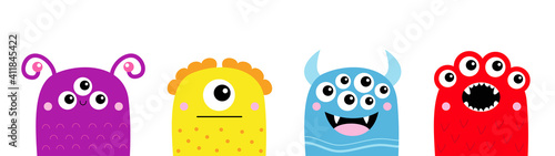 Monster icon line set. Happy Halloween. Cute kawaii cartoon baby character. Funny face head colorful silhouette. Eyes teeth fang horn tongue. Flat design. White background.