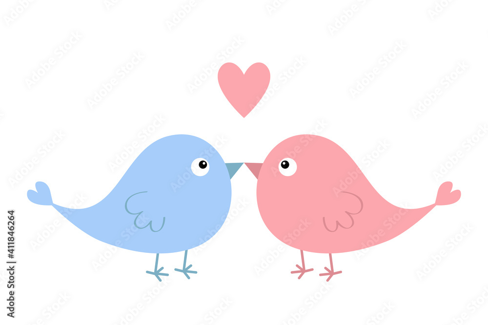 Two bird couple. Cute heart. Pink and blue color. Love Greeting card. Happy Valentines Day. Sticker print. Cartoon kawaii funny baby character. Flat design. White background. Isolated.