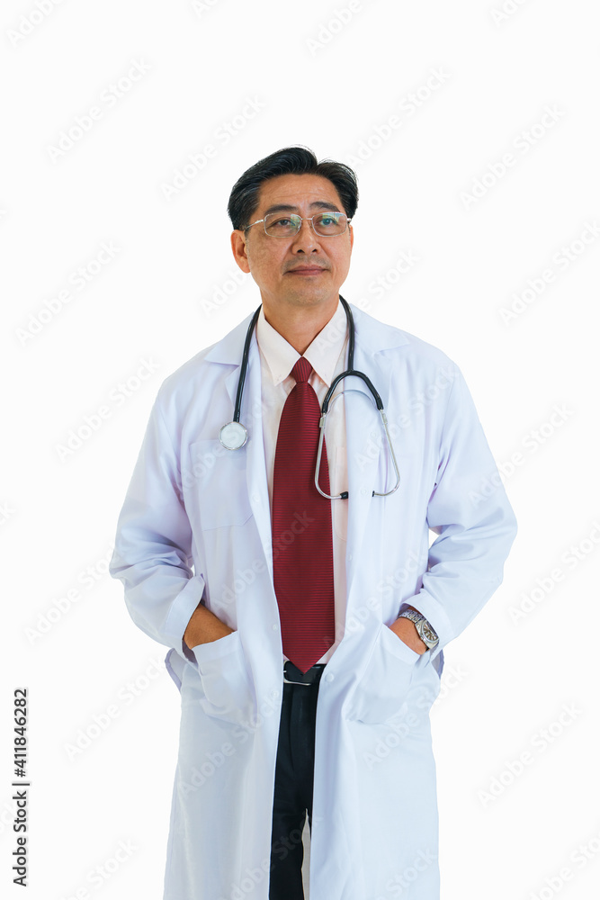 Isolated portrait senior Asian male doctor wearing eye glasses with stethoscope on white background. Healthcare and medical concept.