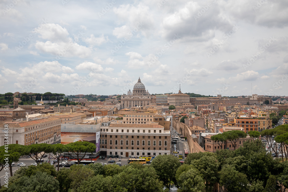 Panoramic view on the Papal Basilica of St. Peter in Vatican and city of Rome