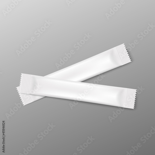 Food stick packs laying criss-cross, realistic vector illustration isolated.
