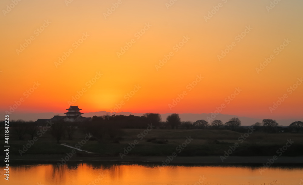 Sekiyado Castle at sunset in Sekiyado, Ibaraki, Japan. February 6, 2021.