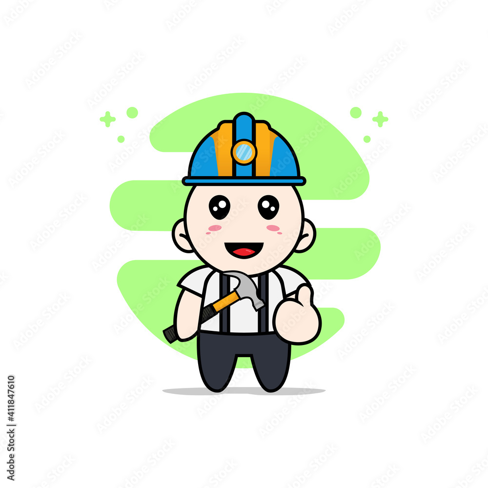 Cute geek boy character wearing builder costume. Cute geek boy character wearing builder costume.
