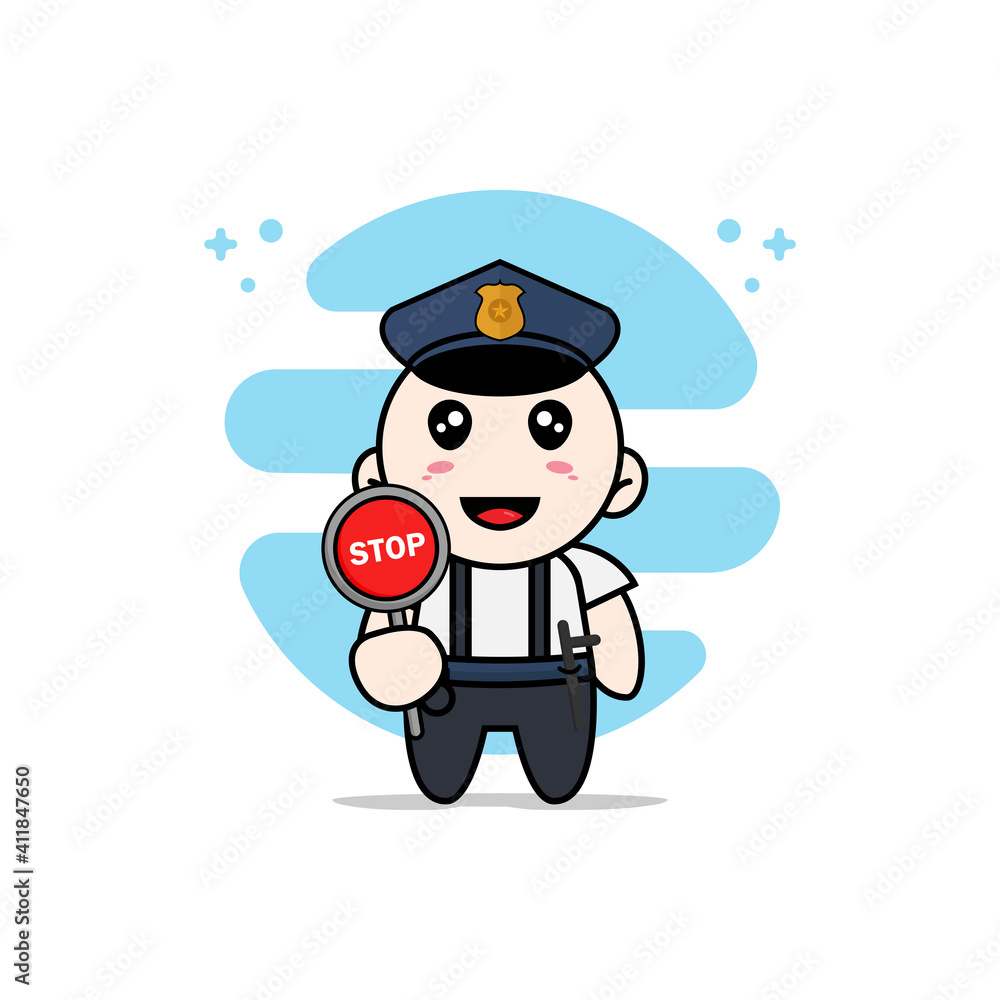 Cute geek boy character wearing police costume.
