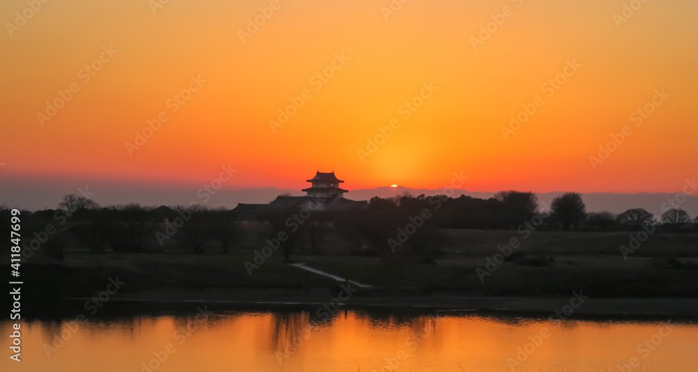 Sekiyado Castle at sunset in Sekiyado, Ibaraki, Japan. February 6, 2021.