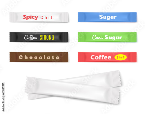 Set of spices and coffee stick packaging realistic vector illustration isolated.