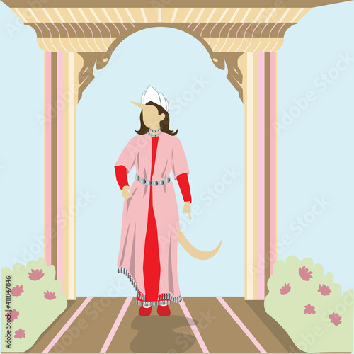 A painting of Vashti, the queen of Persia, the wife of Ahasuerus.
Which has grown a horn and a tail. One of the scenes in the story of the Book of Esther that the Jews read on Purim. Flat vector