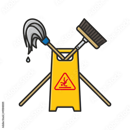 Wet floor sign with crossed mop and broom isolated  vector illustration for Custodial Worker Day on October 2