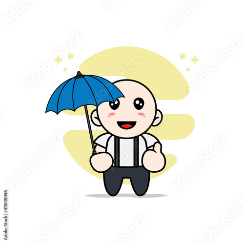 Cute geek boy character holding a umbrella.