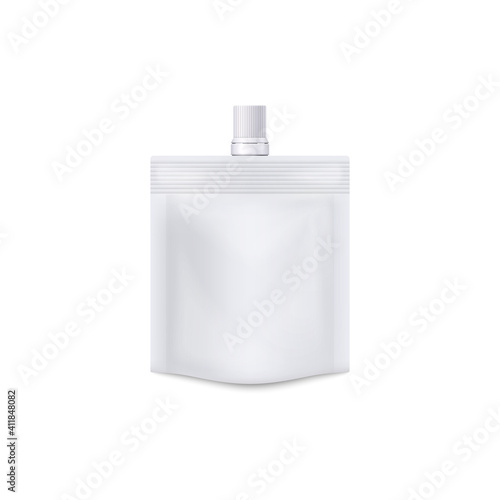 Template of blank white doypack with cap realistic vector illustration isolated.