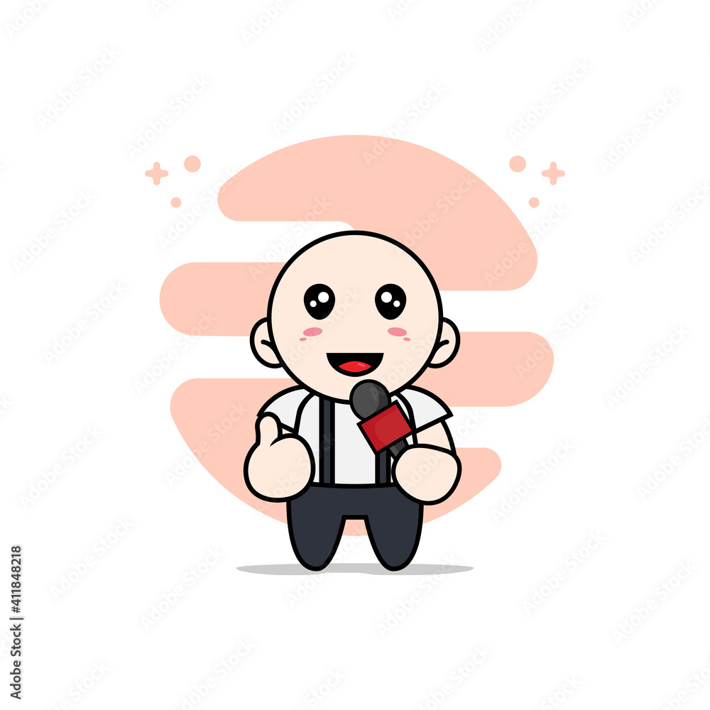 Cute geek boy character holding a microphone. Cute geek boy character holding a microphone.
