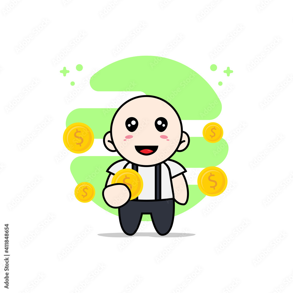 Cute geek boy character holding a coin.