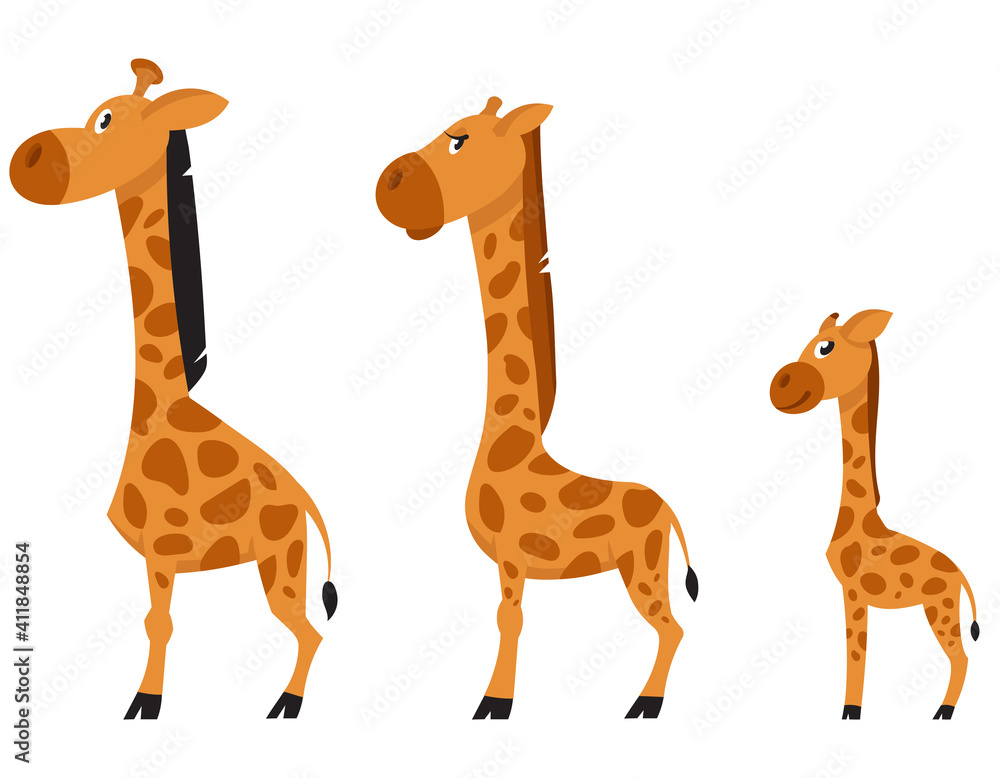 Giraffe family side view. African animals in cartoon style. Giraffe family side view. African animals in cartoon style.