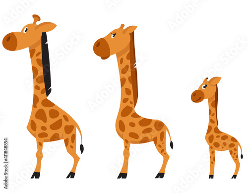 Giraffe family side view. African animals in cartoon style.