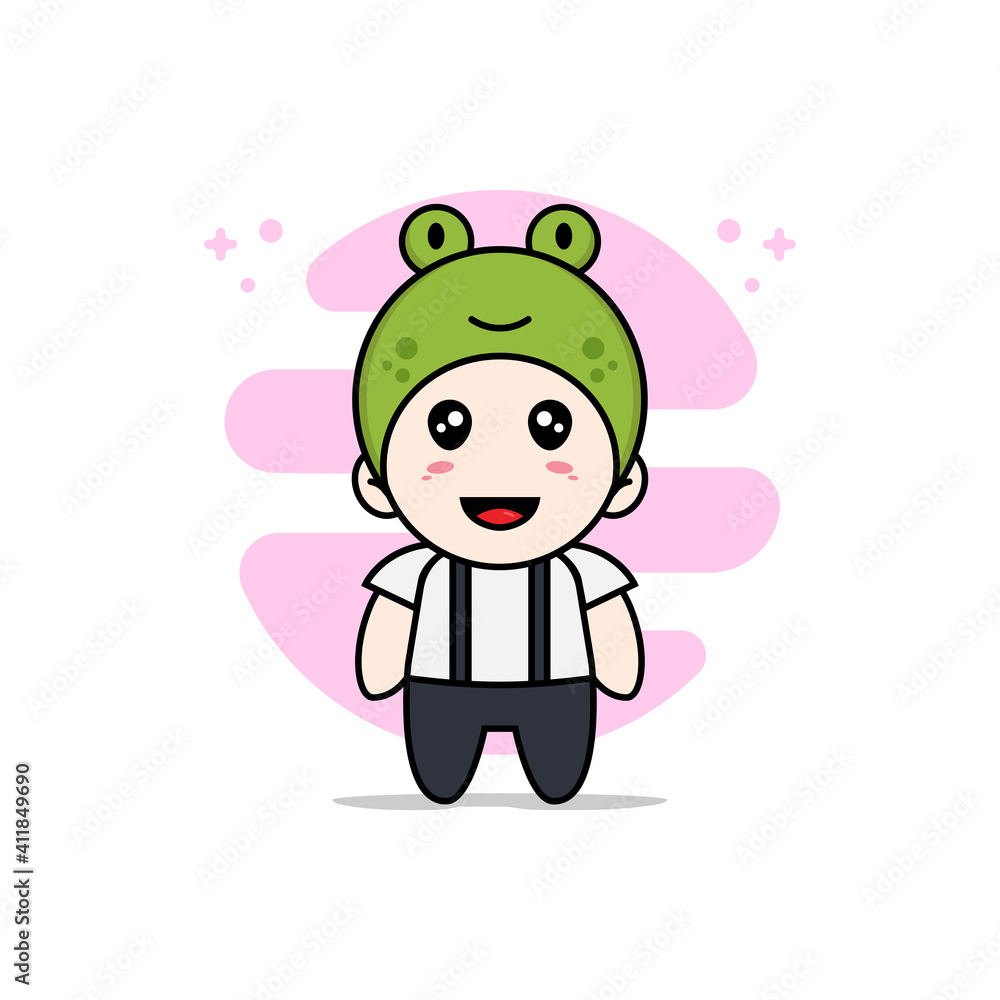 Cute geek boy character wearing frog costume. Cute geek boy character wearing frog costume.