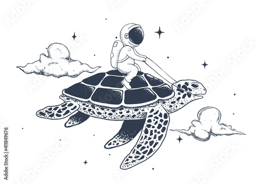 astronaut flying on a turtle