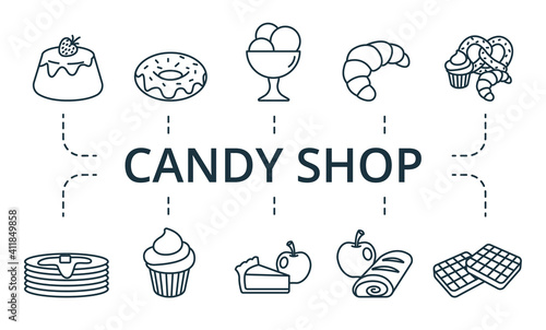 Candy Shop icon set. Collection contain apple, strudel, pancake, oven, sack, bakery and over icons. Candy Shop elements set.