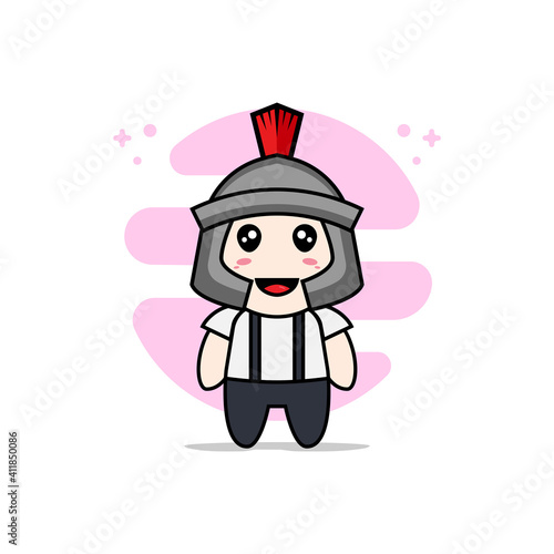 Cute geek boy character wearing gladiator costume.
