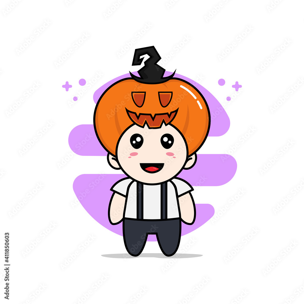 Cute geek boy character wearing halloween pumpkin costume.
