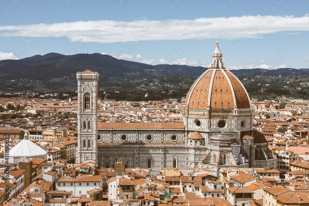 Aerial panoramic view of Florence city and Cattedrale di Santa Maria del Fiore