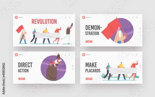 Protesting People with Placards Signs on Revolution or Demonstration Landing Page Template Set. Characters with Banners