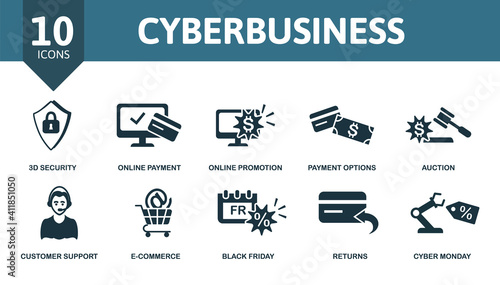 Cyberbusiness icon set. Collection contain cargo, online promotion, 3d security, online payment, auction and over icons. Cyberbusiness elements set.