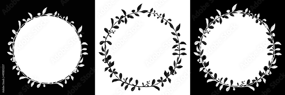 Set of circle frames with blueberry and cowberry leafs Set of circle frames with blueberry and cowberry leafs