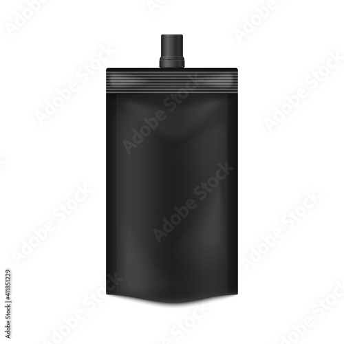 Template of black doypack with screw spout lid 3d vector illustration isolated.